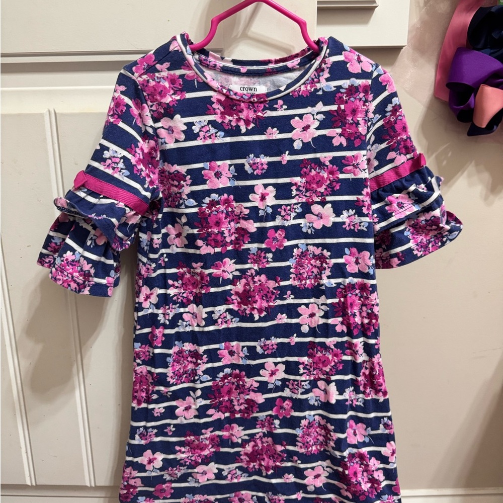 Floral Striped Dress with Ruffle Sleeves